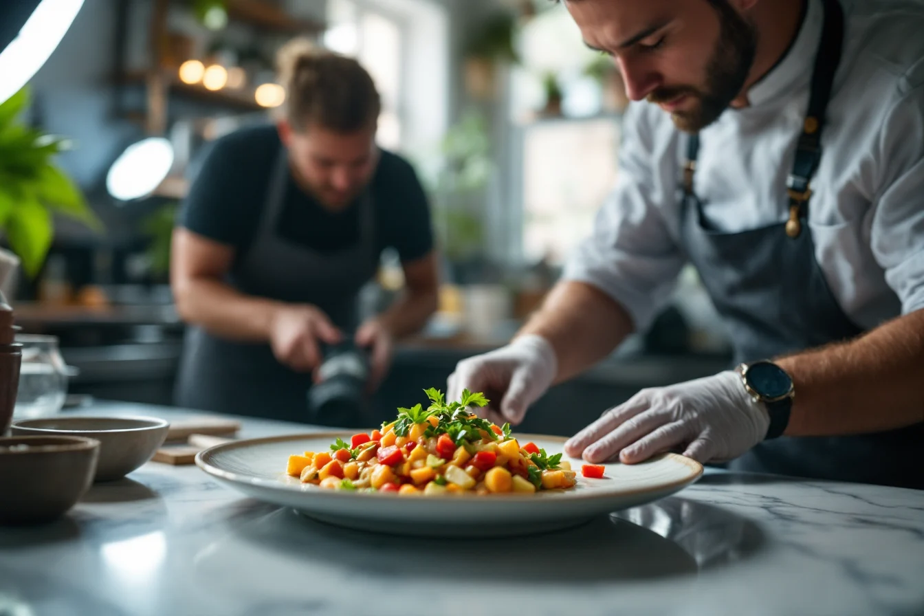 Chef plating a dish while a photographer captures it for the restaurant website