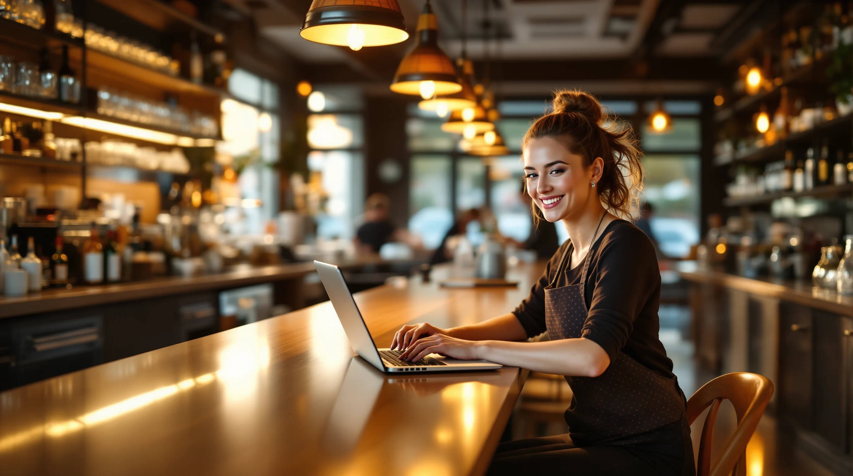 Restaurant owner reviewing her new website on a laptop at the bar before service