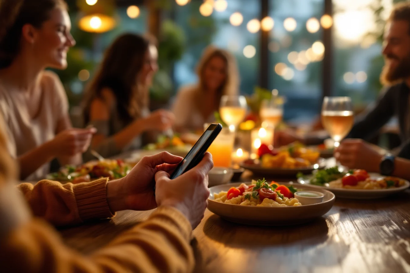 Guest using a smartphone at a restaurant table full of shared plates